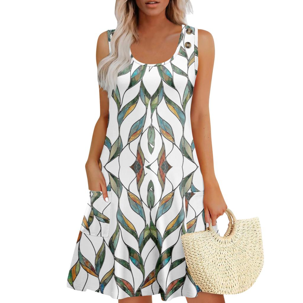 Summer Dresses For Women Beach Boho Sleeveless Printing Flowy Pocket Tshirt Tank Sundresses