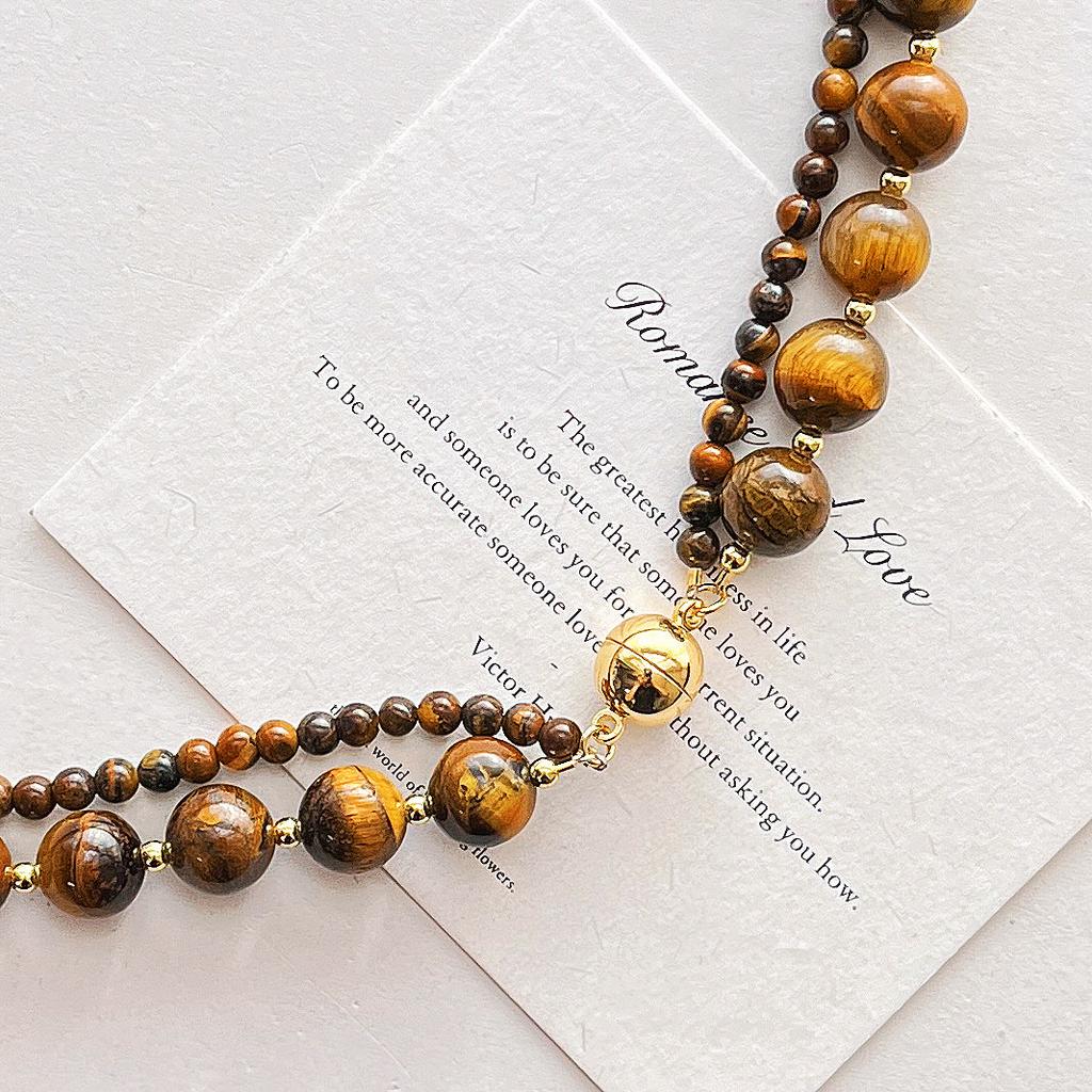 French Natural Boutique Tiger'S Eye Stone Design Double-Layer Necklace Collarbone Chain Female