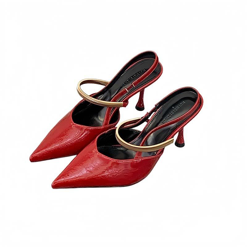 Beautiful Nude Patent Leather Pointed High Heels Women'S Summer Temperament Metal Word With Sexy Thin Heel Bag Head Sandals