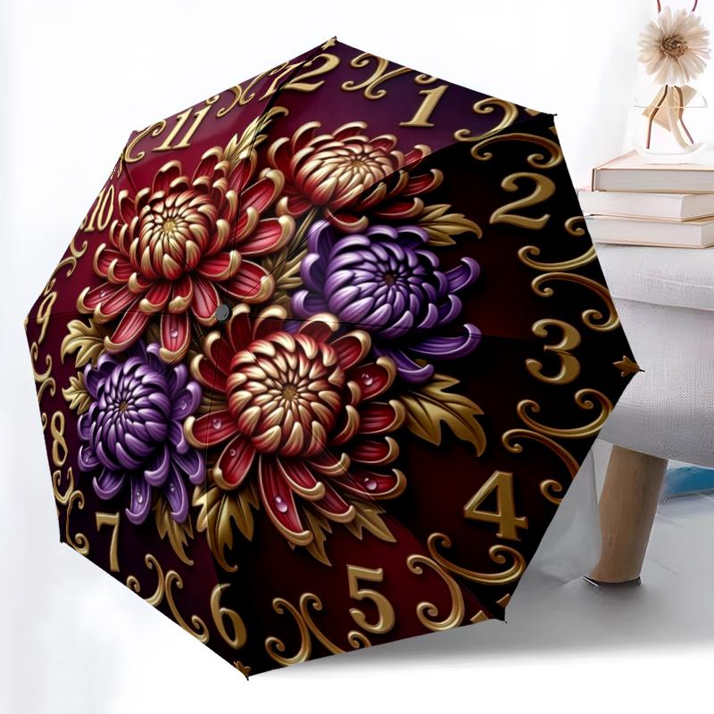 1pc Floral Harmony Combination Pattern Sturdy 8-Bone Auto Umbrella, Bright Umbrella, Digital Printed, Foldable Umbrella for On-the-Go Outdoor Use