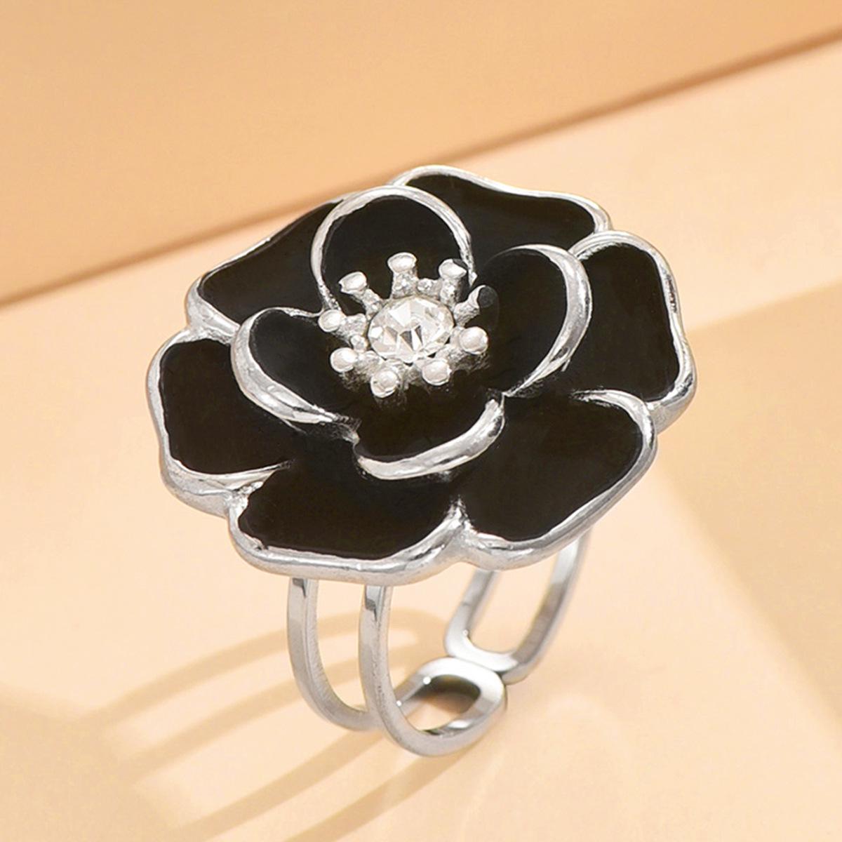 Stainless Steel Enamel Flower Ring with Rhinestones - Elegant Double Layer, Retro, Adjustable Titanium Steel Jewelry.