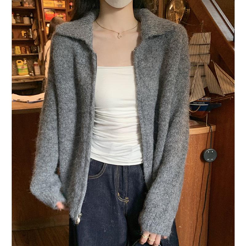 Women's Korean-Style Loose Lapel Double Zipper Sweater Coat - Autumn/Winter 2025 Knitted Cardigan