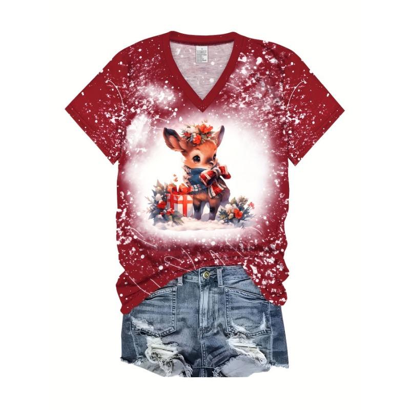 Summer V-neck 3D Christmas Printed Top Fashionable Casual Short Sleeved Women's T-shirts