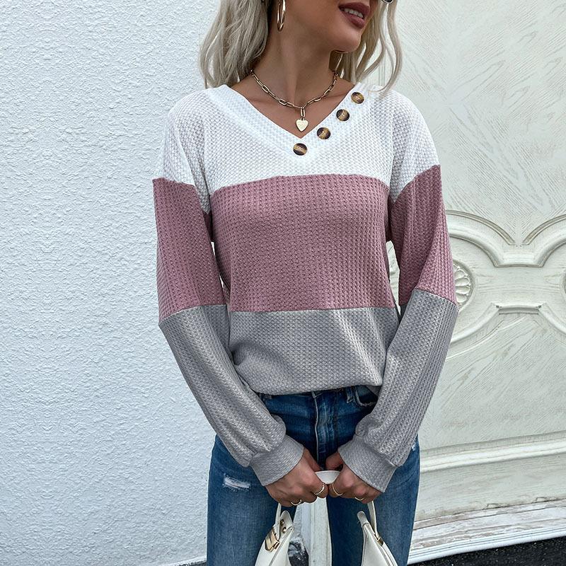 Góry Koszulki Odzież Modny i Codzienny Temperament Wiosna i Jesień Damski Dół Z Długim Rękawem Sweter Pulower Colorblocking Dekolt V Dzianinowy Sweter