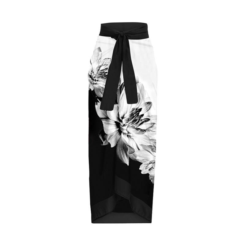 

Women s Ink Floral Print Midi Skirt Dress with Tie-Up, Cross-Border Vacation Style One Size чорний