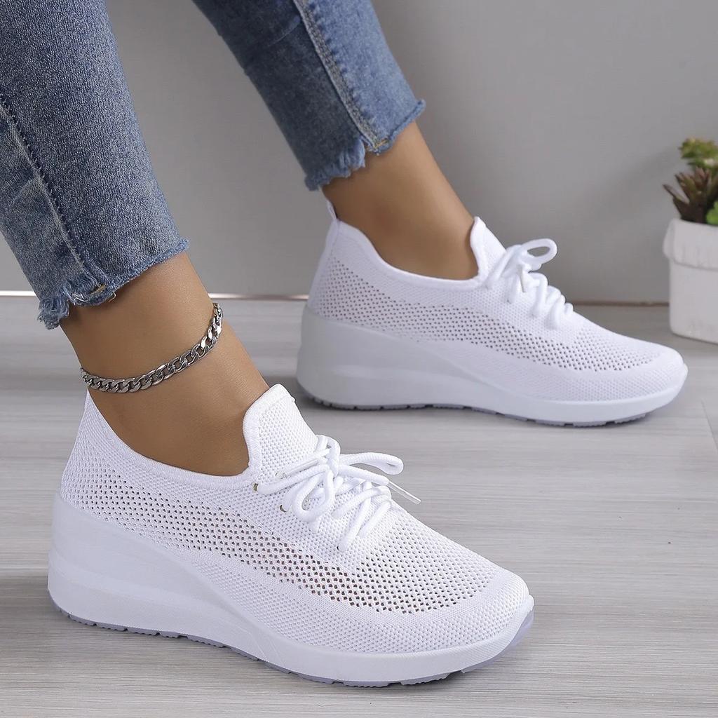 Fashion Breathable Wedge Sneakers Women Mesh Knitted Platform Sports Shoes Woman Casual Non-Slip Lace Up Tennis Shoes Ladies2025