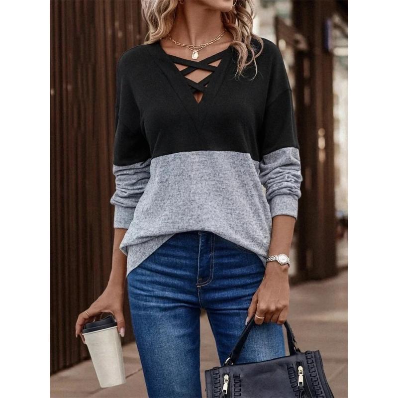 Women's Spring and Autumn V-neck Cross-contrast Stitching Raglan Sleeve Casual T-shirt Top