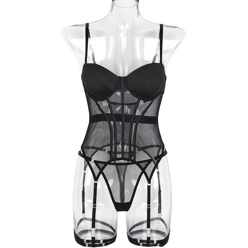 Sexy Mesh Bras Set Luxury Brand Bodysuit Backless Tops for Women 3 Piece Lingerie Set with Garter Sexy Underwear Set for Women