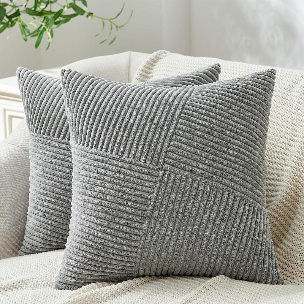 2pcs Bohemian Style Corduroy Throw Pillow Covers, Soft Striped Patchwork Design, Zippered Polyester Square Cushion Cases for Sofa, Bed