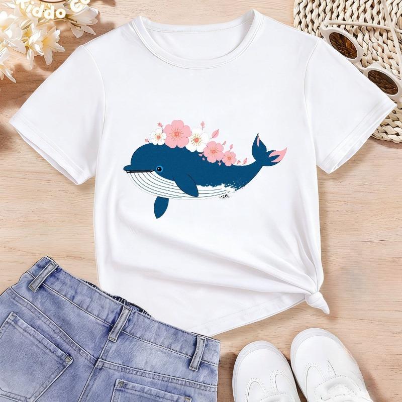 Children Crew Neck Short Sleeve T-Shirt with Cartoon Whale & Floral Print