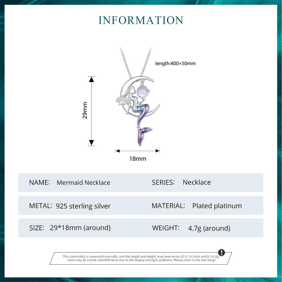 BAMOER 925 Sterling Silver Mermaid Pendant Necklace Moon Neck Chain for Women Delicate Birtrhday Gift Fine Jewelry