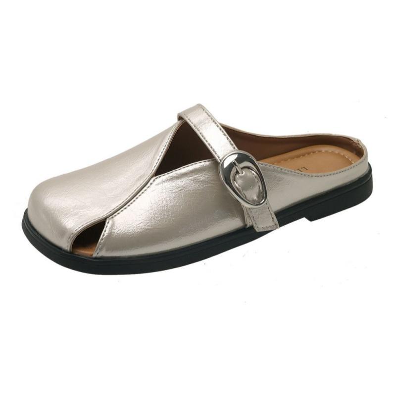 2025 New Style Soft Leather Buckle Strap Casual Shoes Fashion Flats Elegant Glitter Metallic Mules Shoes Cover Toe Women Slipper