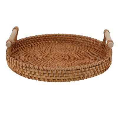 Rattan Fruit Tray with Solid Wood Handles Exquisite Hand Woven Round Serving Tray for Storage