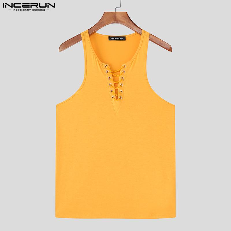 INCERUN Topuri Casual Bărbați Fără Mâneci cu Șireturi, Strâmte, Maiouri