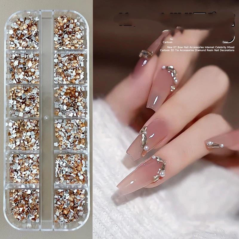 12 Boxed Mini Small Resin Nail Drill Mixed Color Acrylic Flat Special-shaped Drill Nail Art Accessories