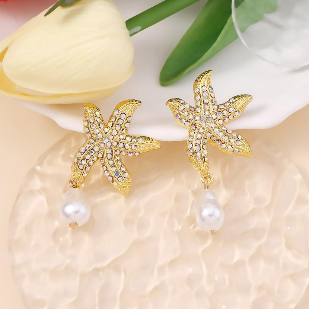 Fashion Ocean Wind Diamond Trend Colorful Starfish Ears, Imitation Pearl Pendant Beach Resort Wind Earrings