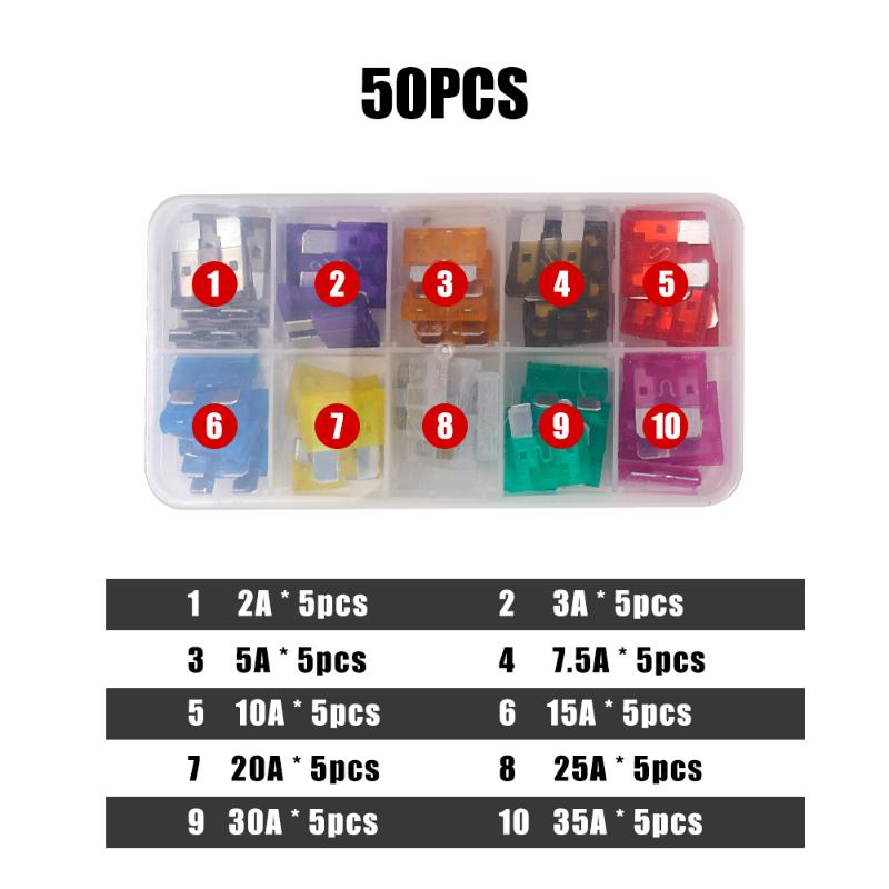 100/50Pcs Profile Medium Size Blade Type Fuse Assortment Set for Auto Car Truck 2/3/5/7.5/10/15/20/25/30/35A Fuse with Box Clip