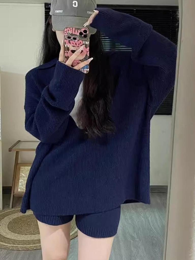 Women's Relaxed V-neck Sweater & Shorts Set - Autumn/Winter Casual Knit Two-piece