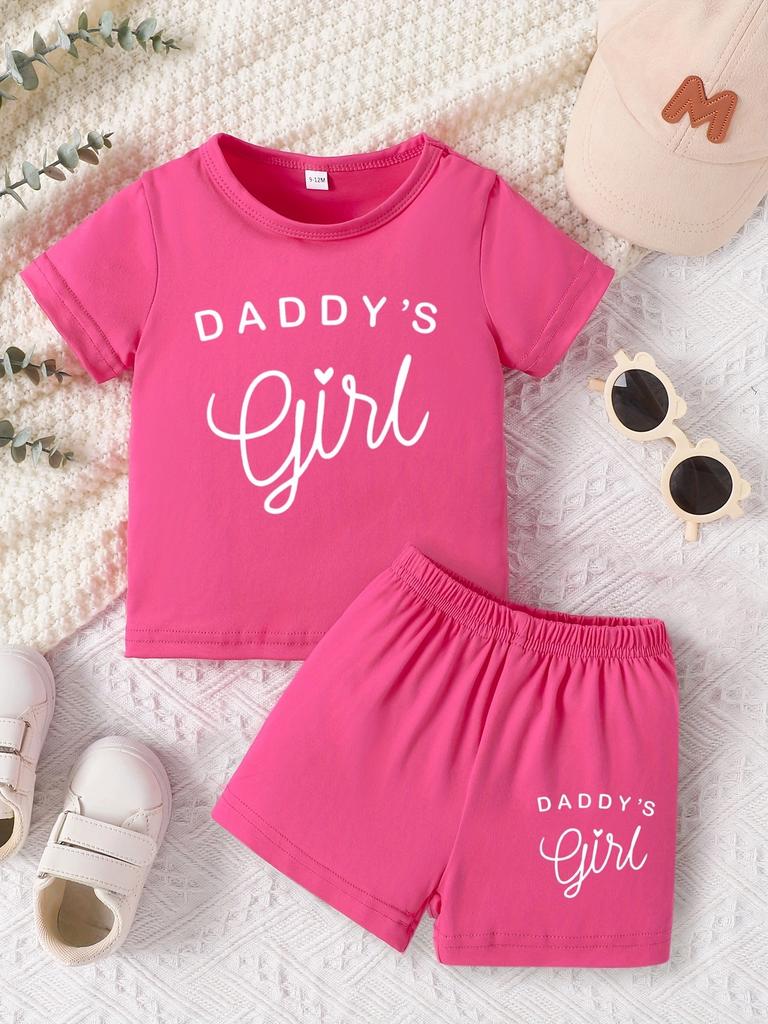 Baby girl round neck short sleeved DADDY'S GIRL fashionable letter pattern top casual short set for spring and summer