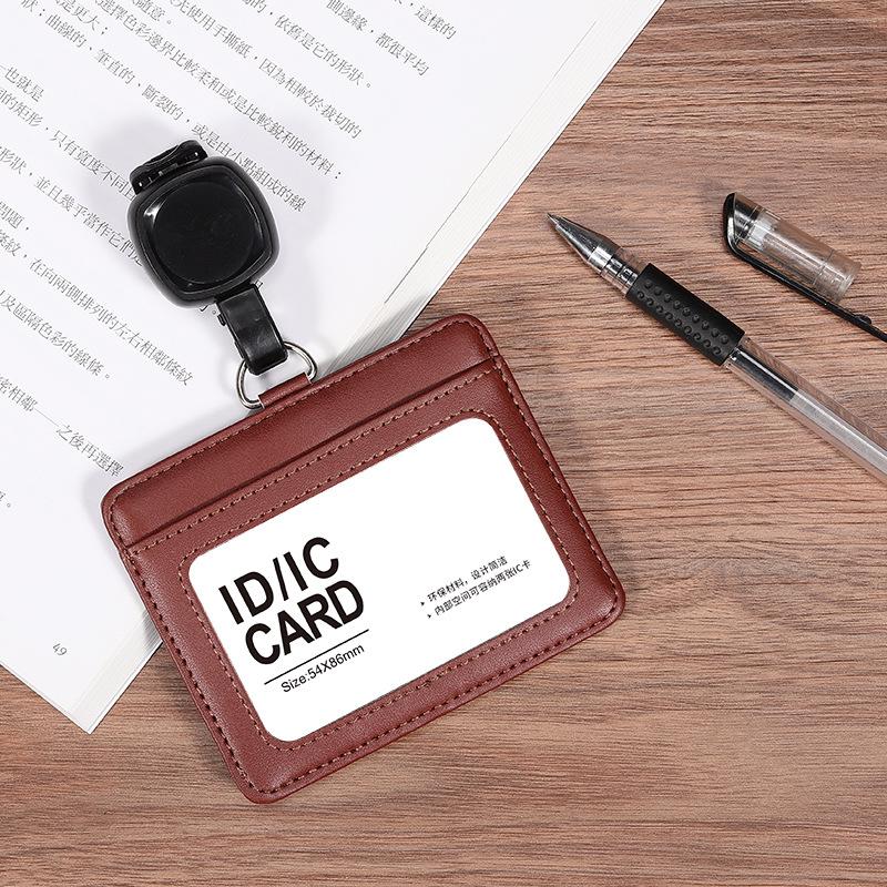 Dual-Use Genuine Leather ID Card Holder with Retractable Lanyard: Horizontal & Vertical Slots for Employee Badge or Exhibition Tag