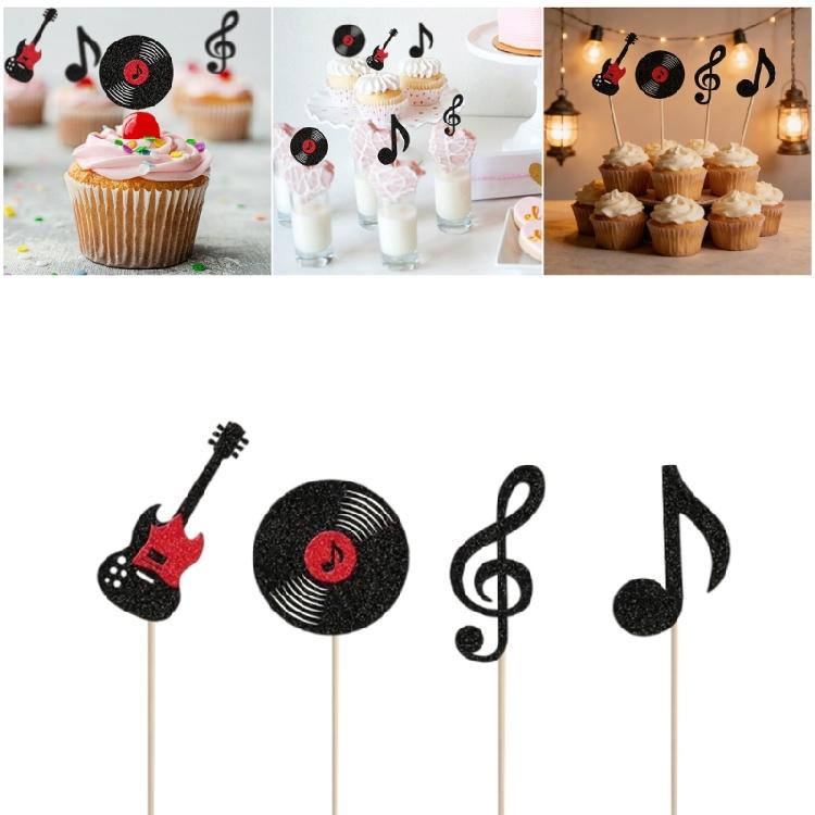 Confezione da 24 Topper per Torta Note Musicali Neri Scintillanti Decorazioni per Cupcake in Carta Stile Retrò per Eventi Festival