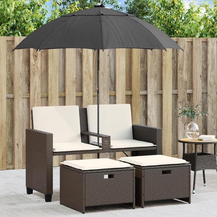 VidaXL Canapé de jardin 2 places et parasol et tabourets marron rotin, canapé d’extérieur, chaise longue de jardin, canapé 365884