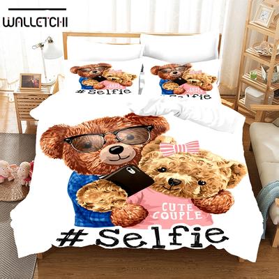 Set de husă de pilota cu ursuleț de pluș cu desene animate 3D, cu cearșaf de pernă, lenjerie de pat, lenjerie de pat, complet Queen