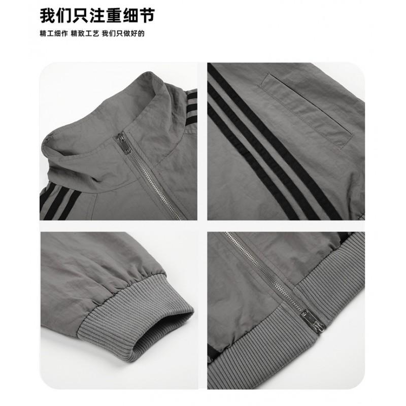 Unisex Retro Sporty Zip-Up Jacket With Stand Collar Triple Stripe Detail Loose Fit Nylon Outerwear