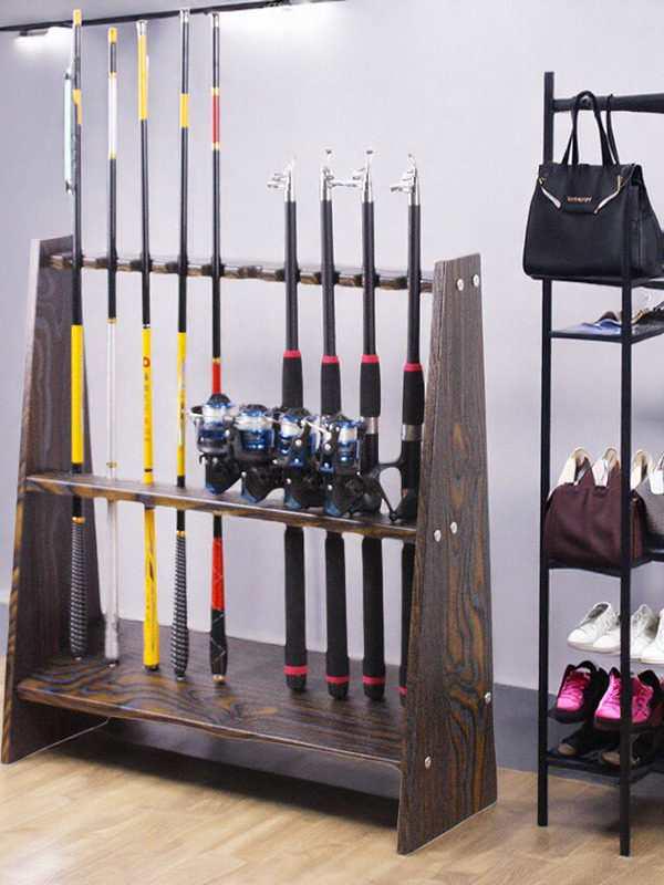 Wooden Floor-Standing Fishing Rod Display Rack with 10-Rod Capacity for Lure Rods, Hand Rods, and Billiard Cues.
