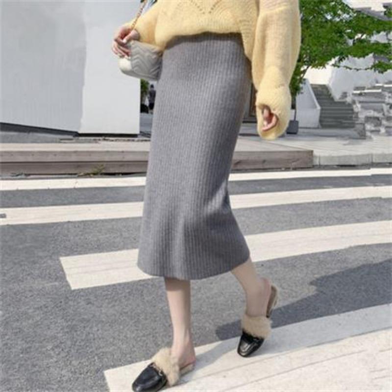 Autumn Winter Women's Knitted Half Skirt High Waist Midi Wool Versatile Split Bodycon Long Skirt to Match Sweaters