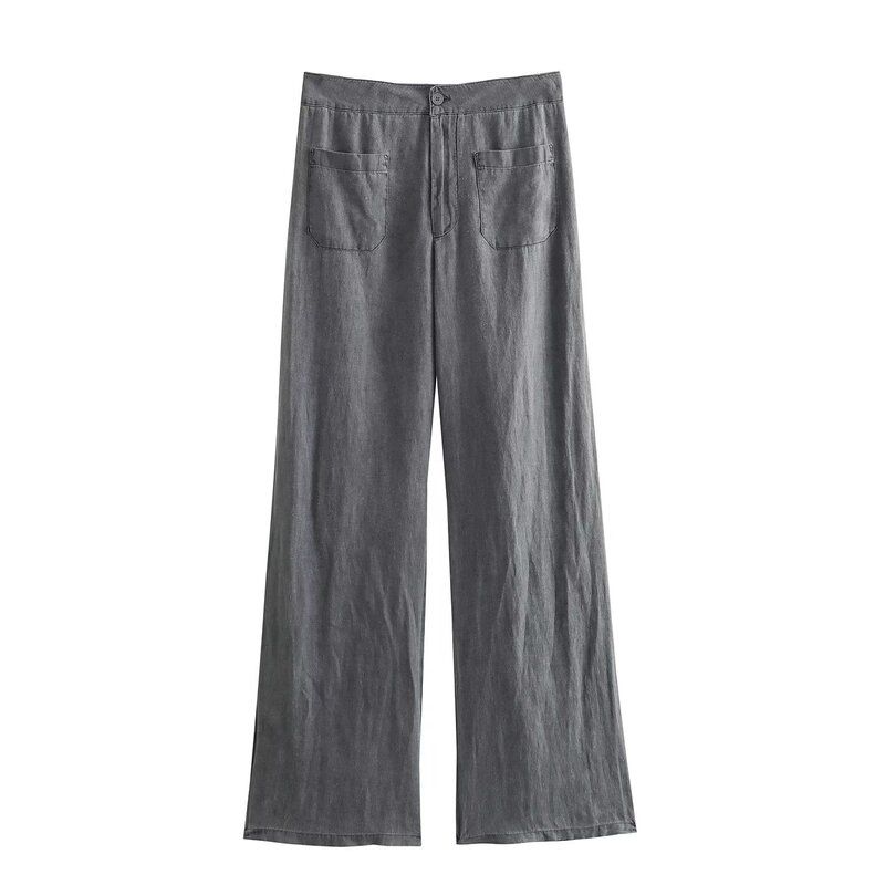 Fashion Style Autumn New Women's Clothing Slimming Pocket Trim Linen Shirt Mid Waist Pants 4786320 802