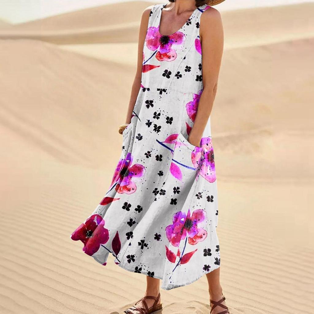 Damenmode, lässig, ärmellos, Baumwolle, Leinen, Blumenmuster, kleine Taschenkleider