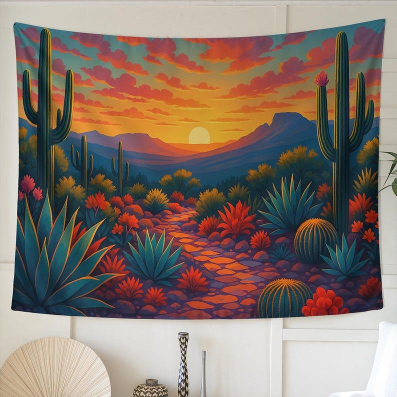 Desert sunset cactus landscape Bohemian southwest wind colorful wall hanging Arizona desert aesthetics tapestry 75x100 чёрный