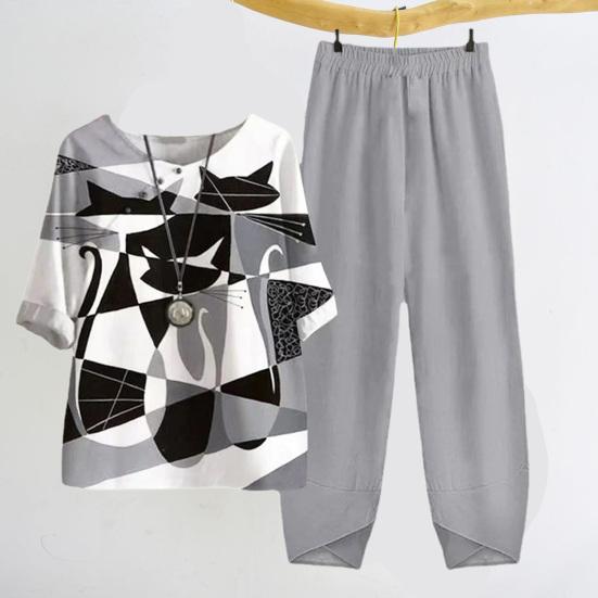 Elastic Waistband Top Pants Set Trendy Crew Neck Dressing Up Women Floral Plaid Print Wide Leg Harem Outfit