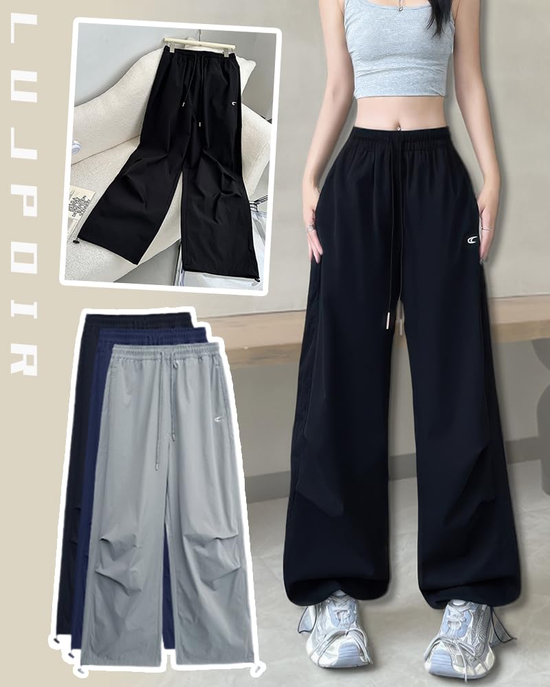 LUJPOIR Cargo Long Pants with Elastic Waist and Relaxed Loose Solid Autumn Women's Pants, Drawstring, Fit, Casual, Fit, Color, Spring, Summer, -