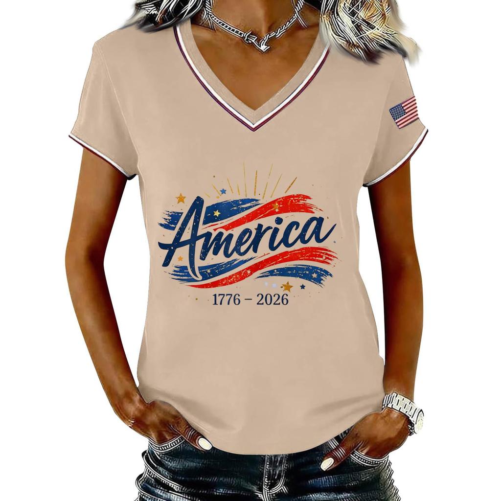 Damen Lässiger V-Ausschnitt Kurzarm Pullover Bedrucktes T-Shirt Top