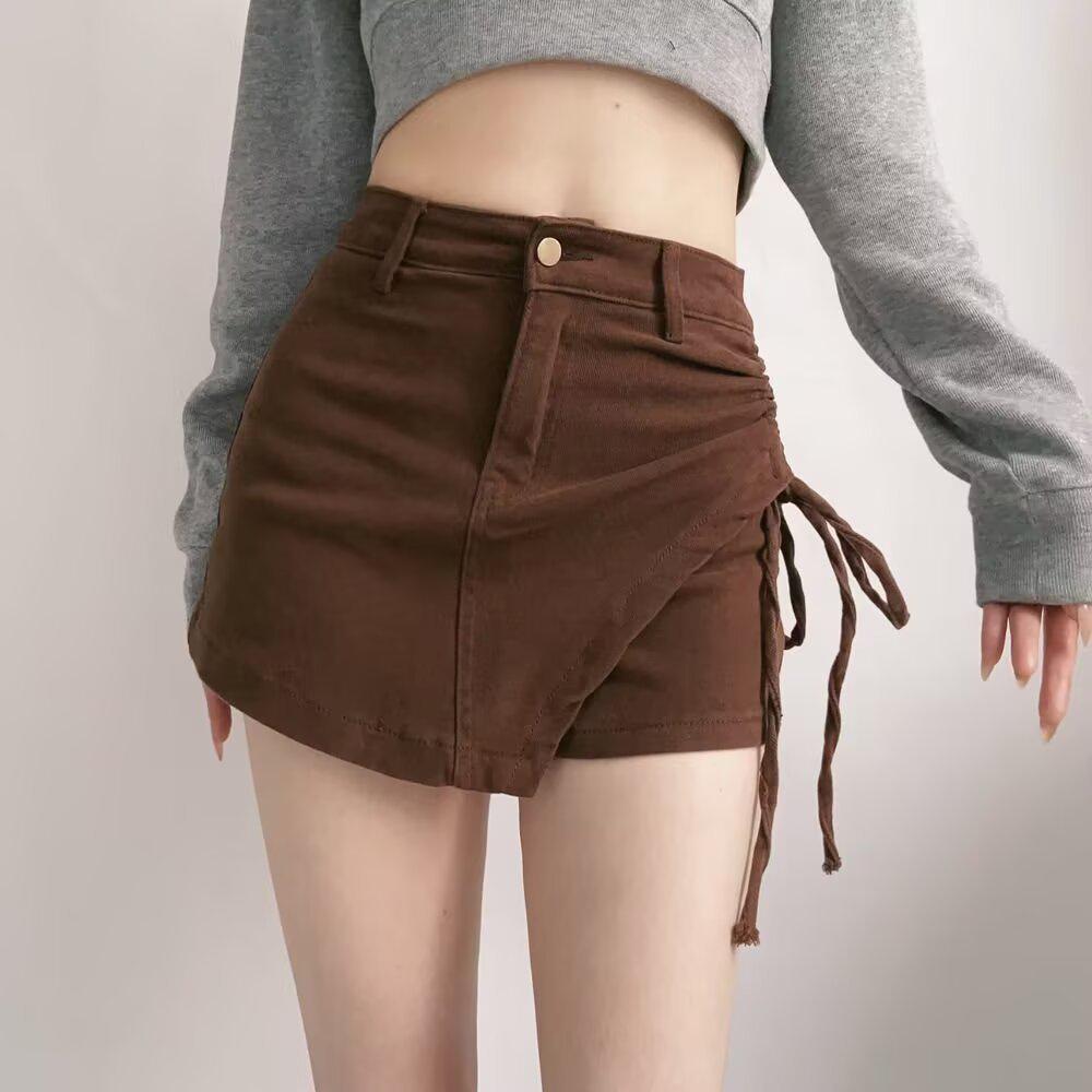 Irregular Denim Skort for Women - Slimming Lace-up A-line with Drawstring