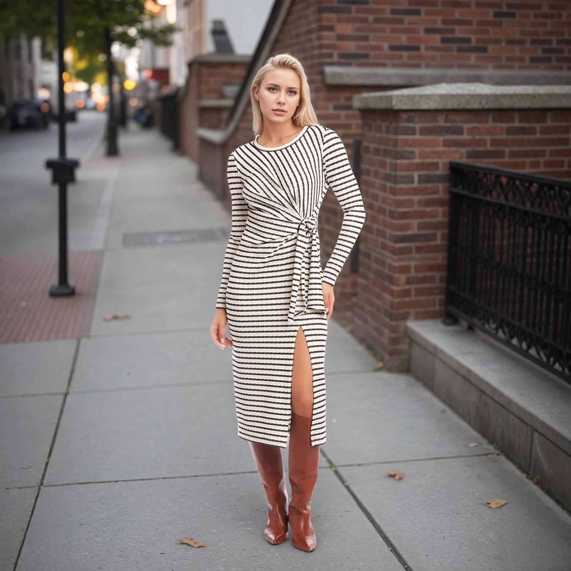2026 European and American fashion temperament new striped waist kink waist slim and thin split neck dress S