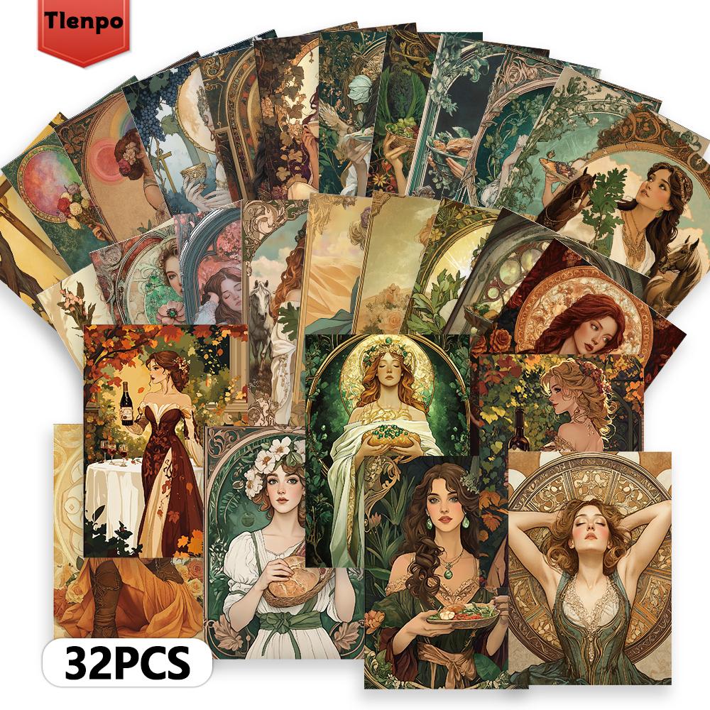 32pcs, Vintage Art Nouveau Women's Postcard Set, Mailing Cards, Greeting Cards, DIY Cards, Memorial Postcards, Decorations
