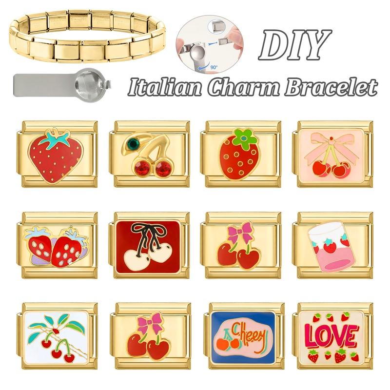 Sweet Cherry Strawberry Heart Flower Y2K Gold Color Italian Charm Links Fit 9MM Bracelet Stainless Steel Making DIY Jewelry
