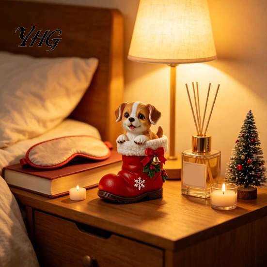 Seasonal Living Room Accents Christmas Puppy in Santa Boot Resin Figurine, Cute Dog Holiday Tabletop Decor with Theme Desktop Bow Bell Holly, Festive