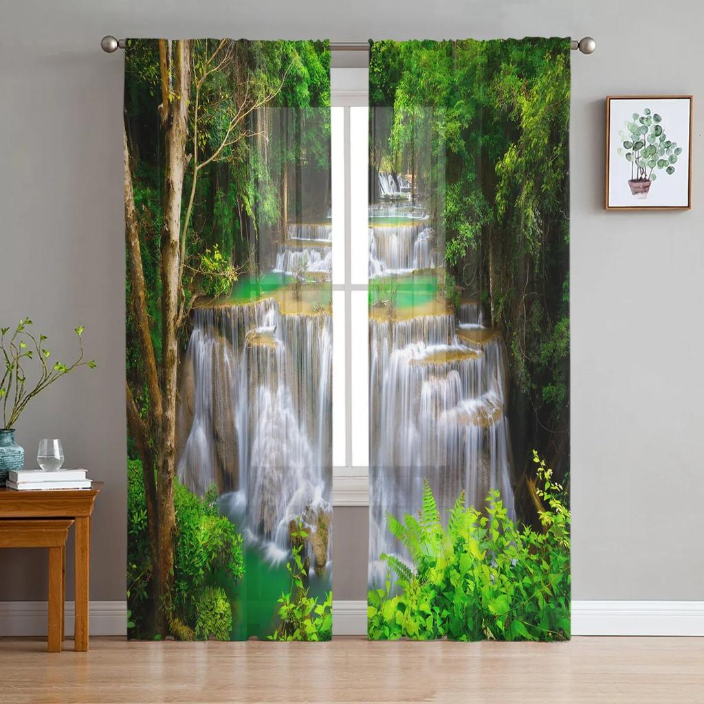 Forest Creek Flowing Water Nature Scenery Tulle Sheer Window Drapes for Living Room Bedroom Sheer Fabric Organza Drapes Drapes