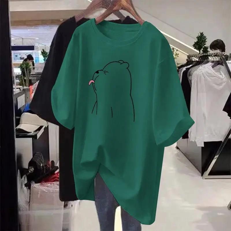 Loose women's cartoon printed T-shirt, round neck sweater, basic, casual, short sleeved, pure cotton