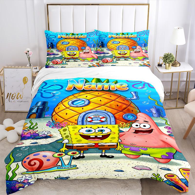 Custom Name Spongebob Patrick Ocean Fun Print 3Pcs Bedding Set Duvet Cover With 2 Bedro Pillowcase Home Birthday Gift
