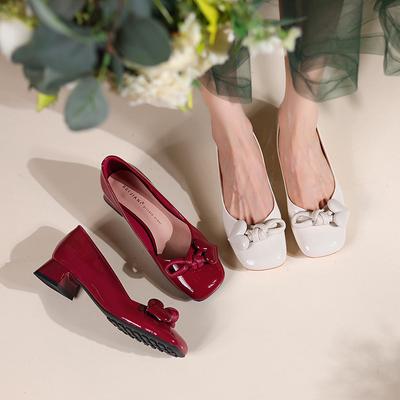 Fashion Mary Jane Leather Shoes for Women's Autumn 2024 New Design Red French Square Toe Pumps Elegant Thick Heel Shoes