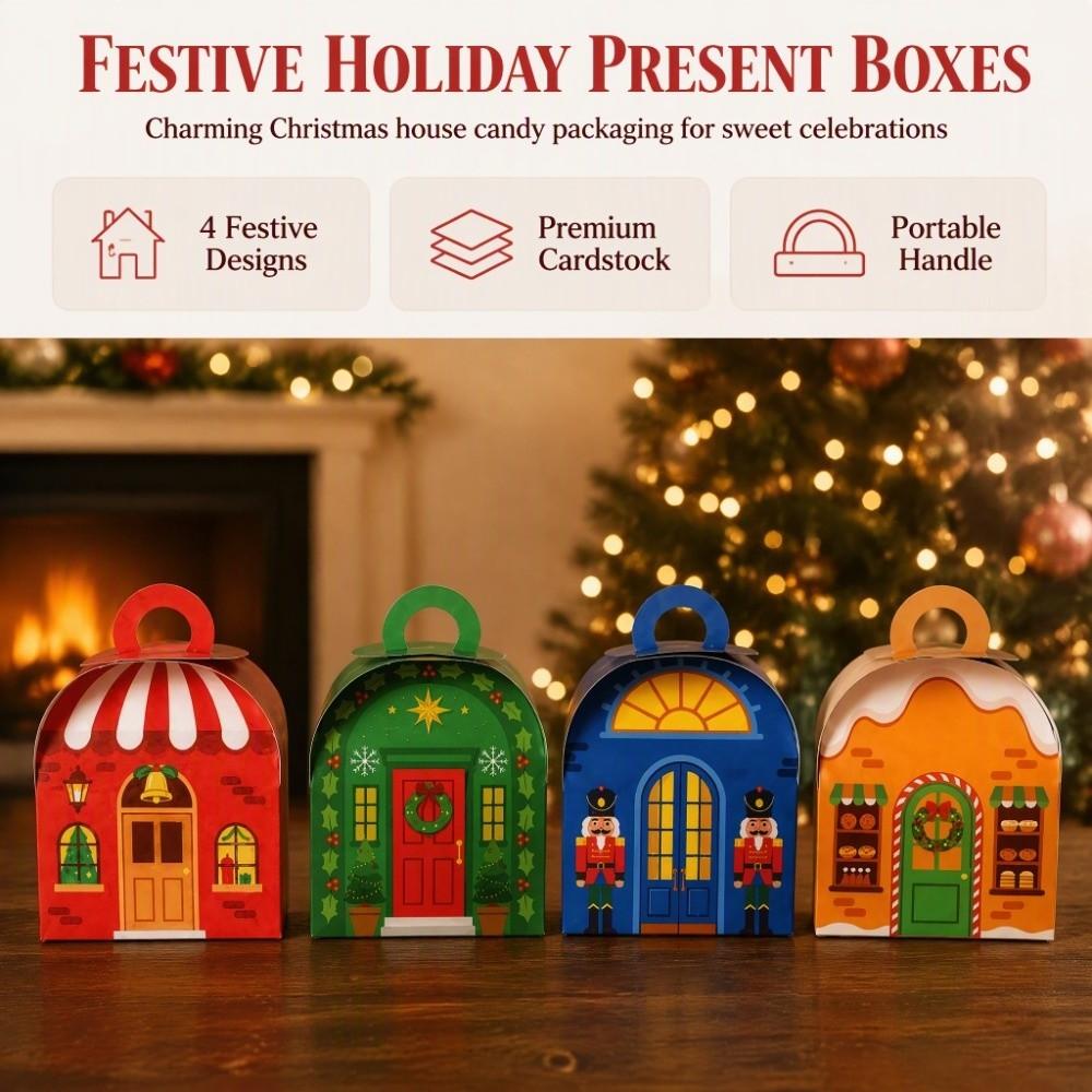 12pcs Handheld Christmas House Shaped Gift Box 4 Colors Handheld Gift Box  Party Favor