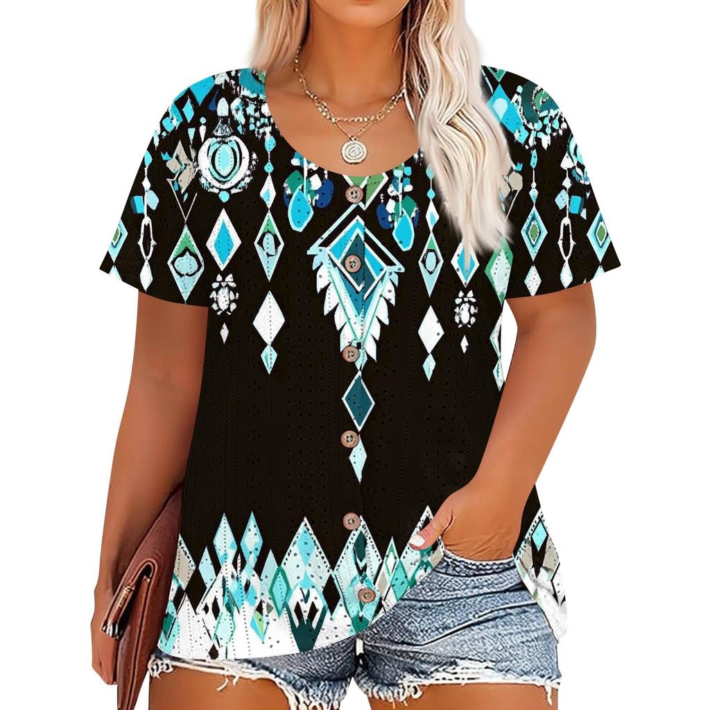 Übergröße Damenmode Lässig Vintage Bedruckt O-Ausschnitt Kurzarm Knopf T-Shirt Top