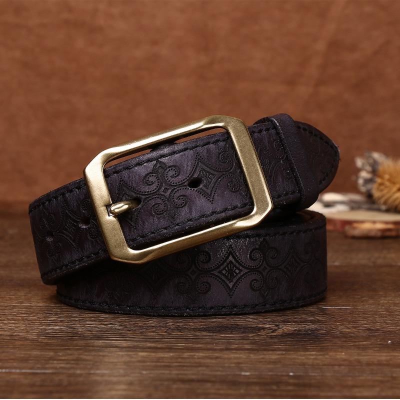 Belt Men's Copper Pin Buckle Thickened First Layer Cowhide Men's Genuine Leather Retro Engraved Export Belt Locomotive Men's Models