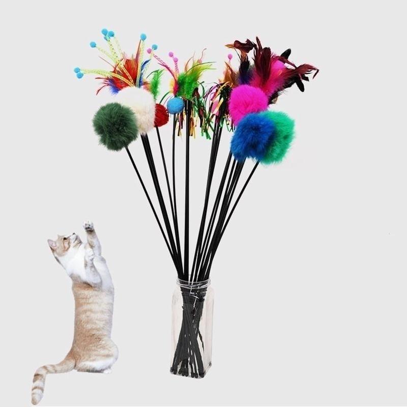 New Kitten Pet Cat Teaser Turkey Feather Interactive Fun Toy Wire Chaser Wand + Bell Pet Products Cat Toys Interactive