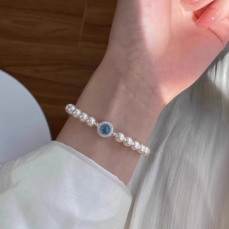 Silver aquamarine pearl bracelet, light luxury niche high-end feel, new popular French-style jewelry
